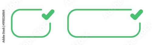 Green check mark inside rounded rectangle design.
