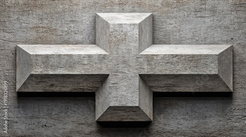 Three-dimensional geometric cross design with textured surface on concrete background representing faith, hope, and spirituality in a modern aesthetic