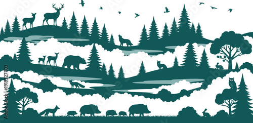 Forest landscape with animals and trees in a nature scene with hills and water