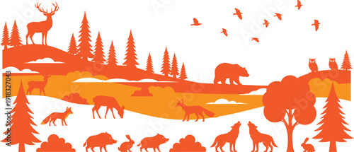 Orange silhouette of forest landscape with various animals and trees in a natural setting scene