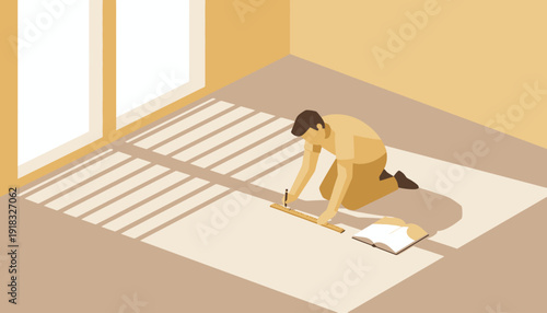 Person Cleaning Floor on Hands and Knees in Bright Room.