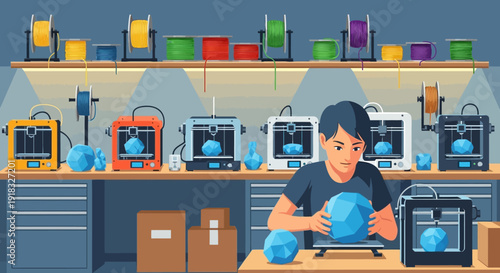 Focused maker working in a busy workshop with 3D printers, tools, and prototyping equipment.