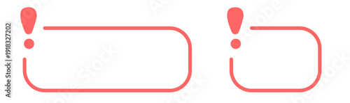 Exclamation bubble icons: bold red design elements.