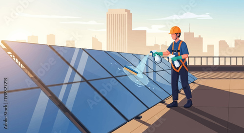 Solar panel maintenance worker inspecting rooftop photovoltaic array in urban setting.