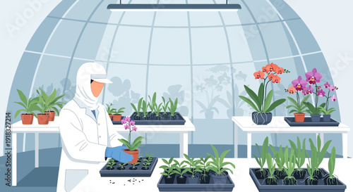 Scientist in a glass greenhouse tending seedlings and flowering plants with hydroponic setup and controlled environment.