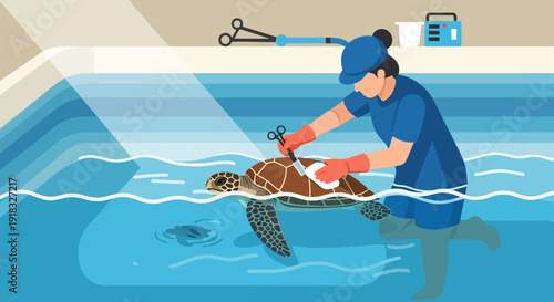 Careful release of a rehabilitated sea turtle back into water by a rescuer in a pool.