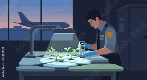 Lab scientist investigates plant specimens on a workbench under bright examination light.