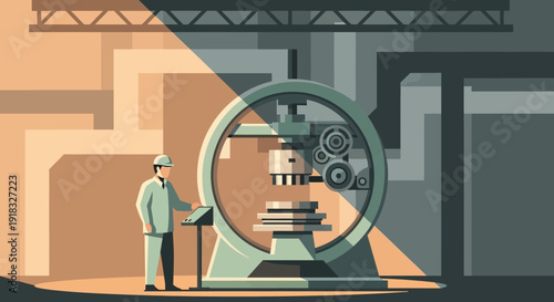 Industrial scene showing factory workers examining large machinery inside a modern plant with glass dome.