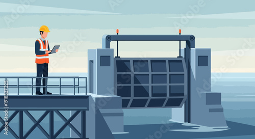 Engineer and worker on offshore dam lock gate platform overseeing infrastructure operations at the water's edge.