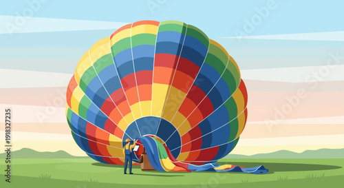 Colorful hot air balloon launch over green countryside at dawn.