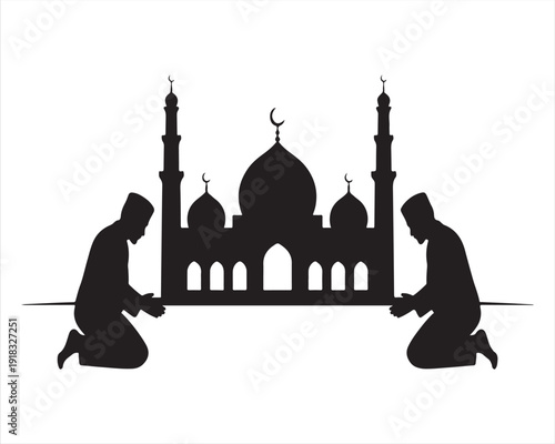 Muslim Prayer Silhouette in Front of Mosque