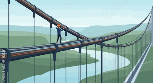 Ravishing high suspension bridge scene with a hiker traversing the long elevated walkway over a lush valley and distant mountains.