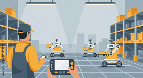 Automated Warehouse Scene Featuring Robotic Vehicles and Human Workers.