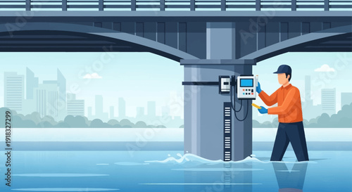 Man installs sensor device on a waterfront pillar beneath an urban bridge in a modern city.