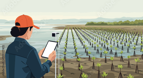 Farmer Using Tablet to Monitor Seedling Grid Across Open Field Under Clear Sky.