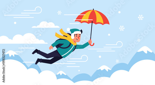 Cartoon man floating with umbrella above fluffy clouds in playful sky scene.