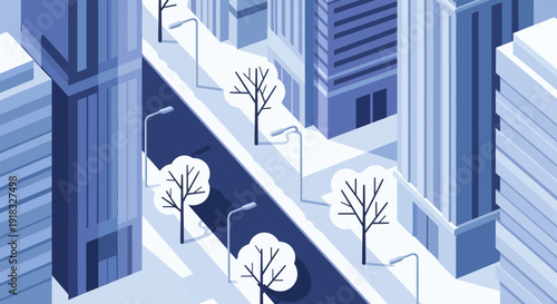 Isometric urban street scene with blue highrise buildings, bare trees and a tranquil avenue.