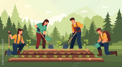 People gardening in raised beds outdoors in a forest park setting with multiple volunteers.