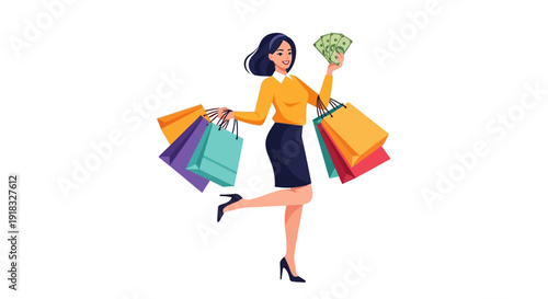 Stylish shopping enthusiast confidently carrying colorful bags and bouquet in a lively cartoon illustration.