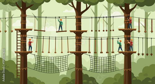 People navigate a treetop adventure obstacle course in a dense forest.