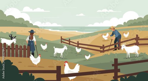 Pastoral farmyard scene with chickens, farmers, and wooden fencing in sunny countryside landscape.
