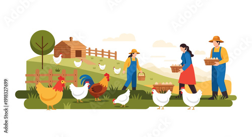 Tranquil rural farmyard scene with farmers tending chickens and a red barn.