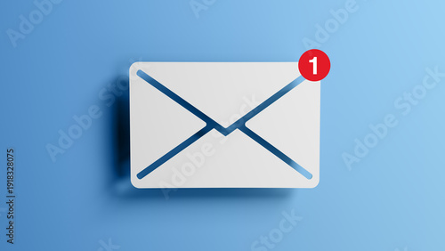 White Email Icon With New Message Notification Badge On Blue Background, Concept Of Inbox Alert