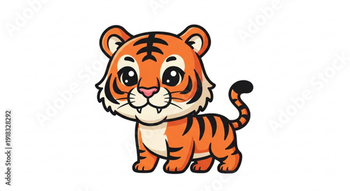 Cute cartoon tiger cub with big eyes standing alone on white background looking friendly and approachable