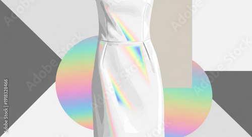 Woman's white dress with rainbow holographic effect on gray background with geometric shapes and circles