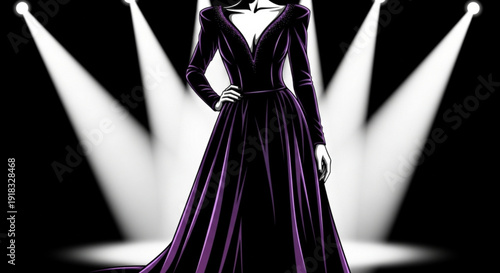 Woman in elegant purple evening gown standing confidently under spotlight beams on stage with dramatic shadows
