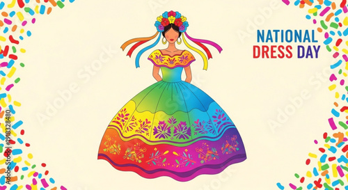 Vibrant woman in traditional dress celebrating national dress day with colorful confetti