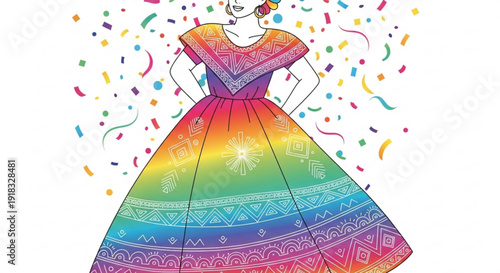 Vibrant illustration of a woman in a colorful rainbow dress with confetti celebration symbolizing joy happiness and festive atmosphere