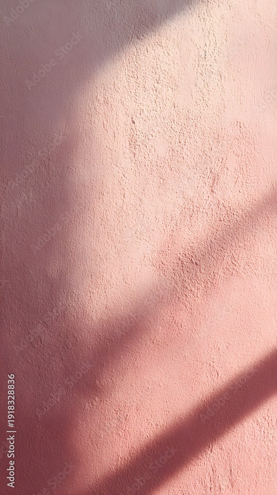 Fototapeta premium Shadows Dance on a Pink Canvas: A textured pink wall is illuminated by the gentle embrace of sunlight, the interplay of light and shadow create an ethereal dance. 