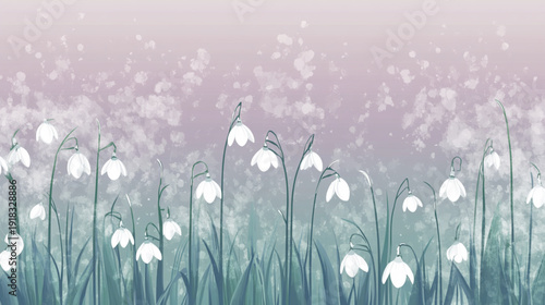 Delicate Snowdrops flowers. A seamless gradient from a misty lavender to soft pearl grey, and mossy green at the bottom.