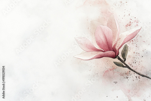 Tender magnolia blossom in blush pink on a minimalist background on high-quality, textured watercolor paper.