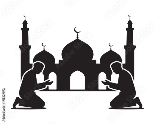 Muslim Men Praying in Front of Mosque Silhouette Black and White Islamic Worship Illustration with Crescent Moon and Minarets