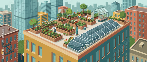 Sustainable Urban Rooftop Garden Illustration with People Tending to Raised Vegetable Beds, Solar Panels for Green Energy, and a Greenhouse Amidst a Modern City Skyline and Skyscrapers.