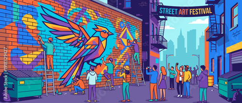 Vibrant flat vector illustration of a street art festival in a city alleyway where artists paint a giant geometric bird mural on a brick wall as a diverse crowd watches and takes pictures.