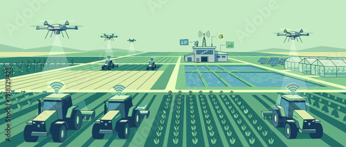 Flat Vector Illustration of Precision Agriculture with Autonomous Tractors, Monitoring Drones, Smart Irrigation, and IoT Data Analytics for Sustainable Modern Farming and Agrotechnology.