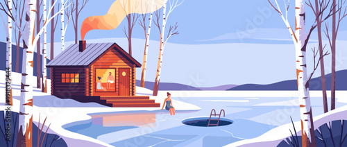 Traditional Nordic Log Cabin Sauna by a Frozen Lake in a Winter Birch Forest with People Relaxing and Ice Swimming, Flat Vector Illustration of Finnish Wellness, Relaxation and Cold Therapy.