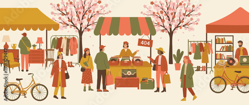 Flat vector illustration of a spring flea market with people browsing vintage finds, vinyl records, and antique furniture under blooming cherry blossom trees; a vibrant outdoor shopping scene.