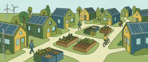 Sustainable tiny house community with solar panels, wind turbines, and shared vegetable gardens. Eco-friendly neighborhood with people walking and cycling in a green, renewable energy village.