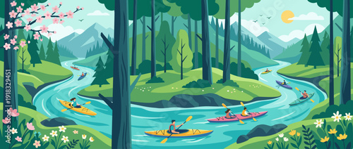 Flat vector illustration of a spring river kayaking adventure through a lush forest canyon with blooming cherry blossoms, mountains, and people paddling colorful kayaks in a scenic landscape.