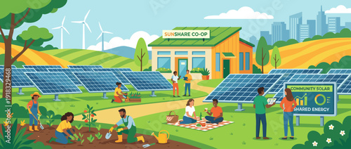 Modern community solar garden vector illustration featuring shared solar panels, wind turbines, and people gardening. Sustainable energy co-op with solar farm, picnic, and city skyline view.