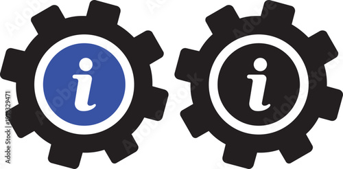 Gear Symbol: Two gear icons, one in color and the other in black and white, each feature an 'i' symbol, suggesting information or settings, set against a transparent background. 