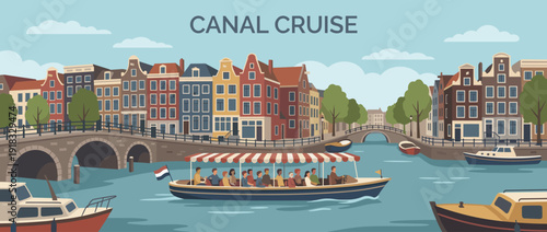 Flat Vector Illustration of a Canal Boat Cruise Through a European City with Historic Colorful Buildings, Stone Bridges, and Tourists Enjoying a Scenic Water Tour in Amsterdam, Netherlands.