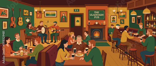 Flat Vector Illustration of a Traditional Irish Pub Interior with Live Folk Music Session, Patrons Drinking Dark Stout Beer by a Cozy Fireplace, and Social Gathering at The Claddagh Pub Scene.