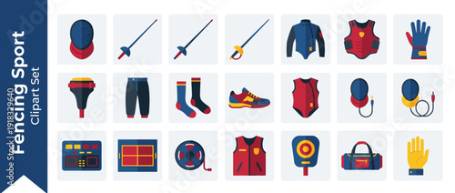 Comprehensive Vector Icon Set of Fencing Sport Equipment in Flat Design with Bold Colors, Featuring Fencing Mask, Foil, Epee, Sabre, Jacket, Glove, Shoes, Scoring Machine, Piste, and Protective Gear