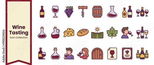 Comprehensive Set of 24 Wine Tasting and Vineyard Icons in a Flat Design Style, Featuring Wine Bottles, Glasses, Grapes, Corkscrew, Barrel, Decanter, Cheese, Bread, Winery Landscape, and People