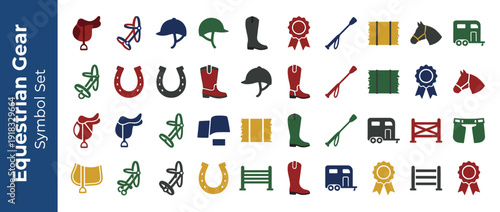 Vector Icon Set of 40 Equestrian Gear and Horseback Riding Symbols in Flat Design. Includes Saddle, Bridle, Helmet, Riding Boots, Rosette, Whip, Hay, Horse Head, Trailer, Horseshoe, and Jump Icons.